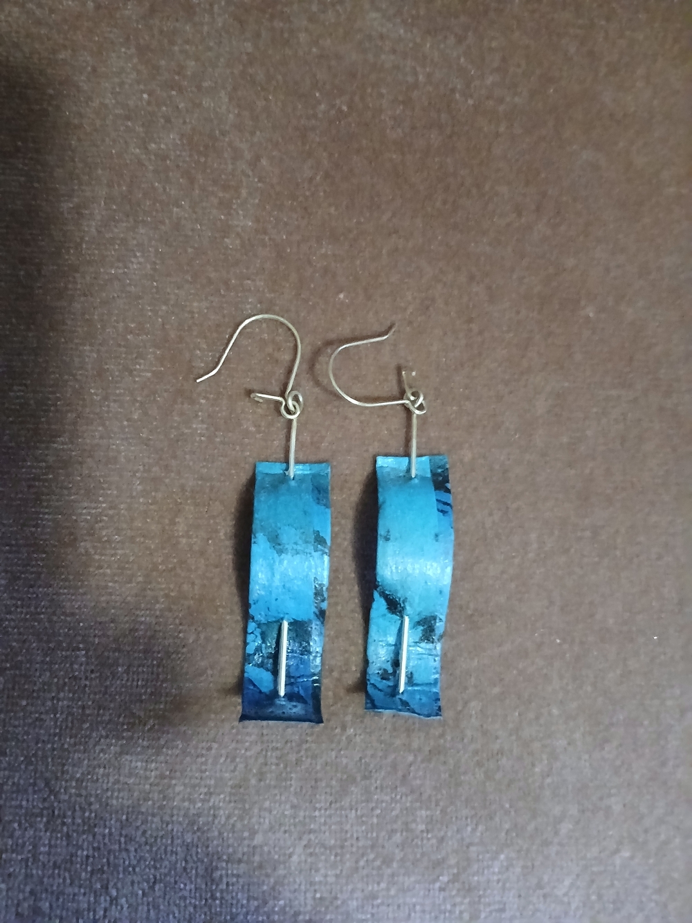 Handmade Turquoise Blue Curved Metal Dangle Earrings